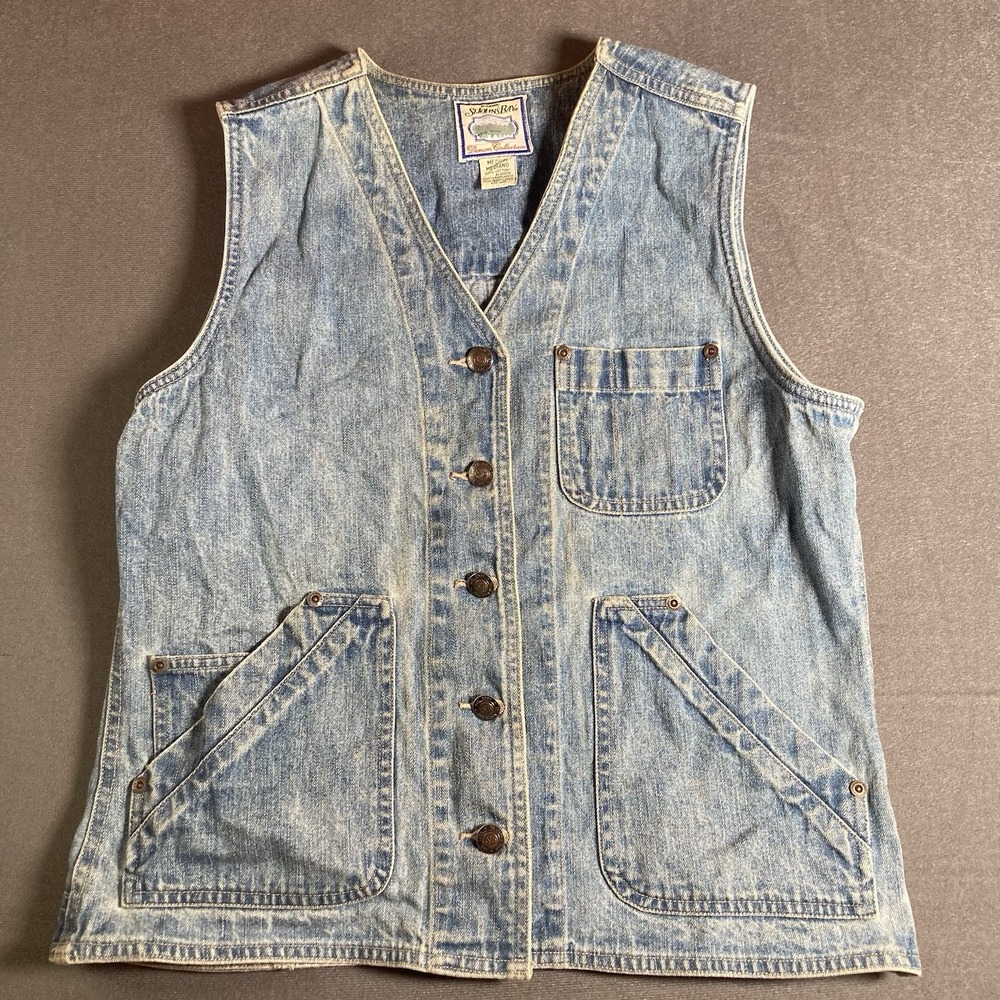 Vintage 90s St Johns Bay Denim Vest Womens Medium Light Wash Blue Cotton Buttons
